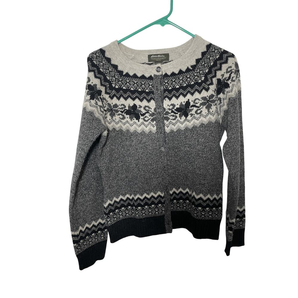 Eddie Bauer Vintage Fair Isle Fisherman Nomadic Print Lambswool Winter Cardigan